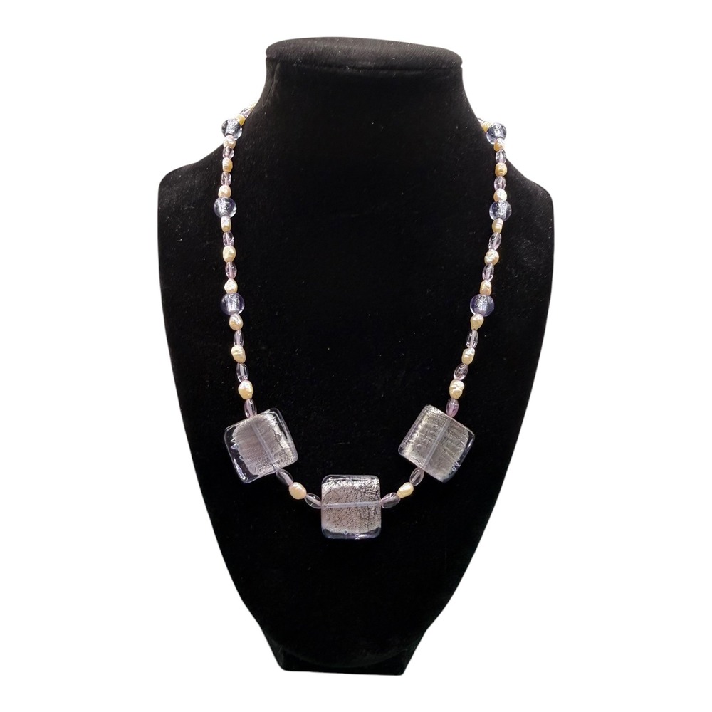 Artisan Venetian Glass Silver Foil Square Bead & Freshwater Pearl Necklace 19" - Picture 1 of 15